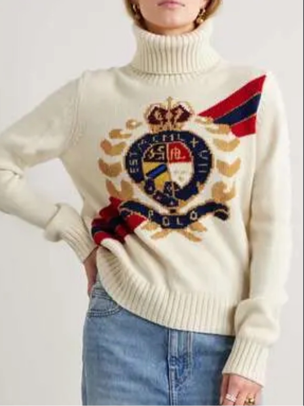 Polo Ralph Lauren CreamRed Intarsia Crest Wool Preppy Turtleneck Sweater XXL NWT - Picture 3 of 16